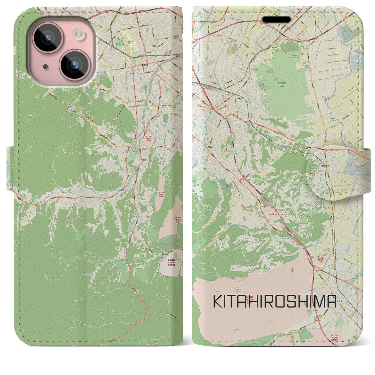 【北広島2】地図柄iPhoneケース（手帳両面タイプ・ナチュラル）iPhone 15 Plus 用
