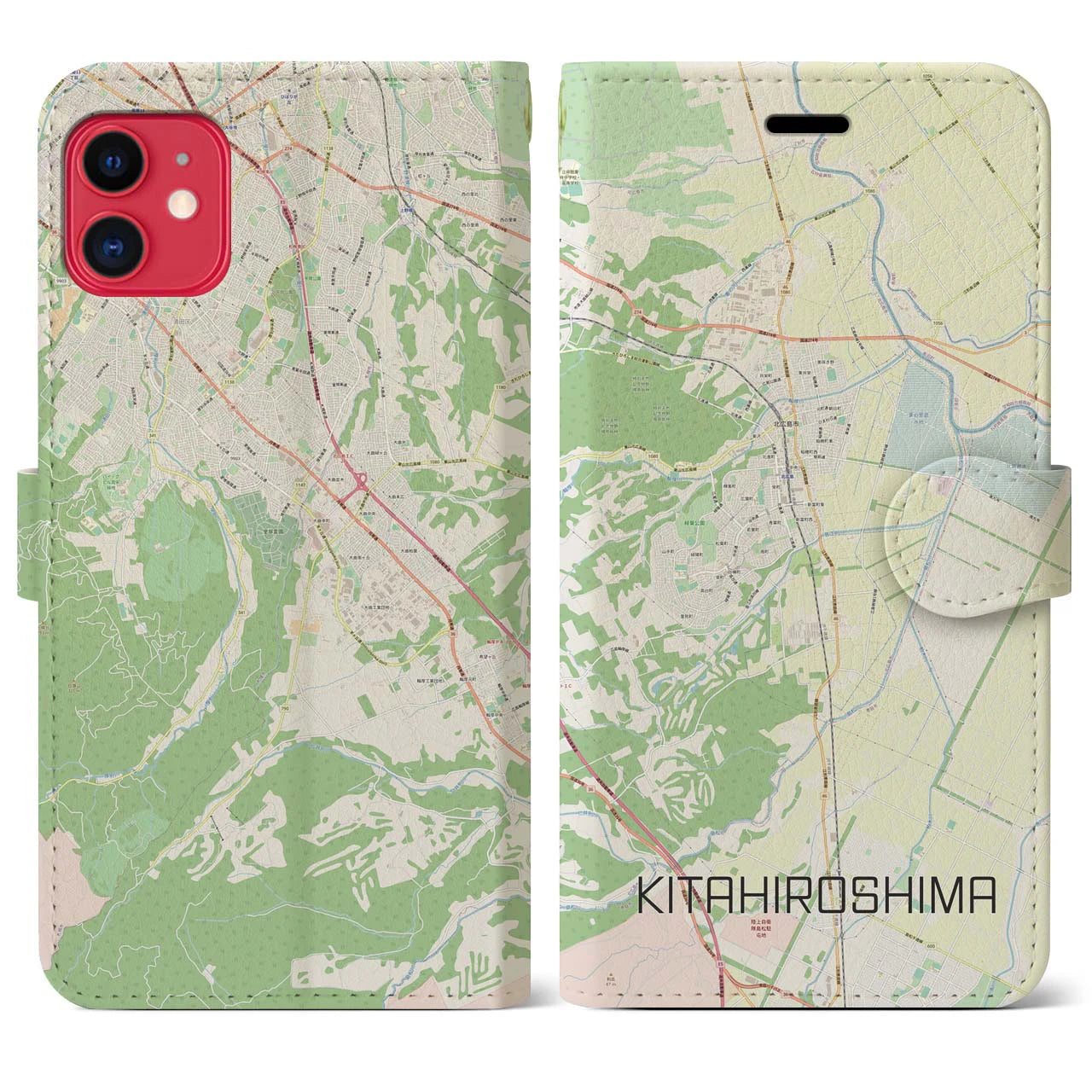 【北広島】地図柄iPhoneケース（手帳両面タイプ・ナチュラル）iPhone 11 用