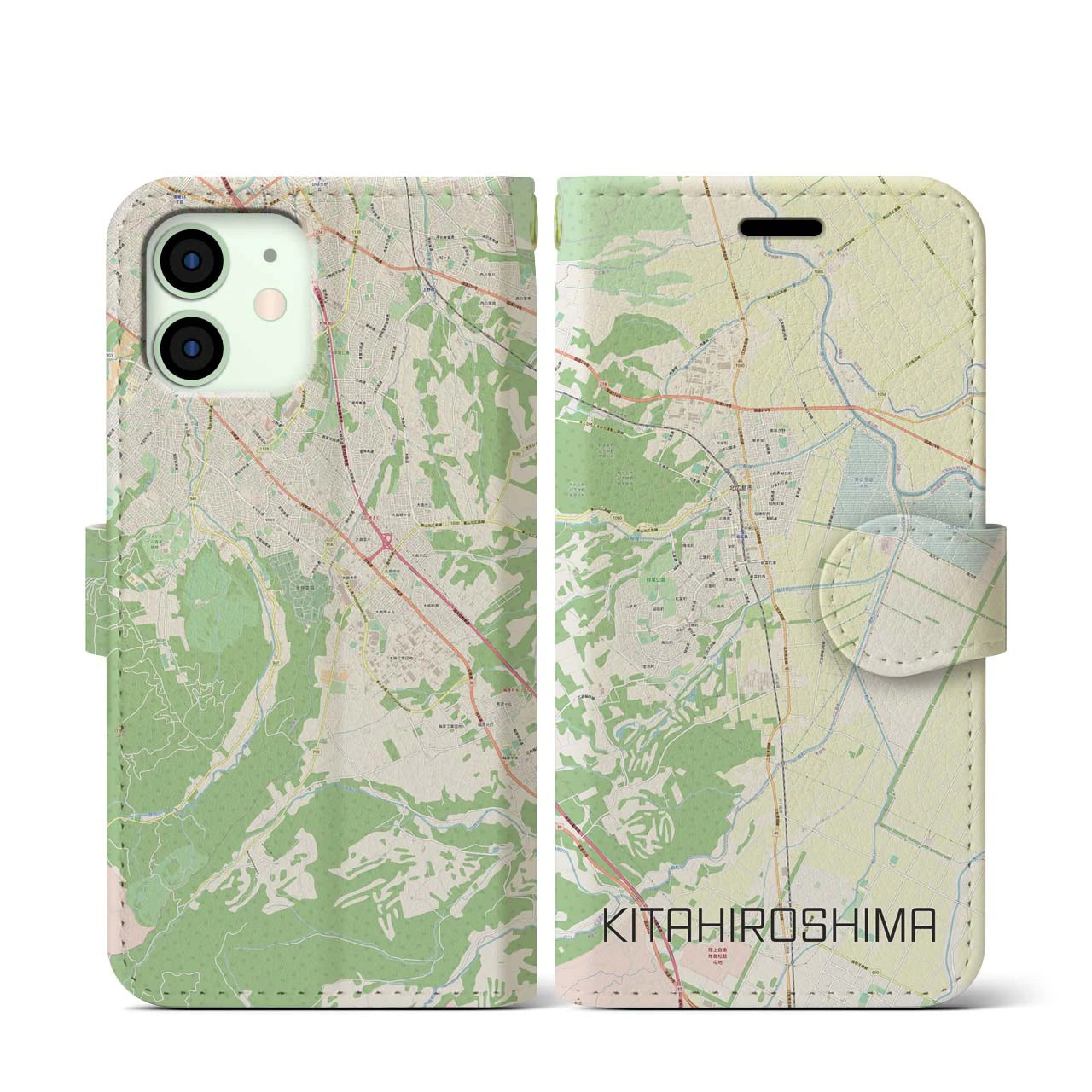 【北広島】地図柄iPhoneケース（手帳両面タイプ・ナチュラル）iPhone 12 mini 用