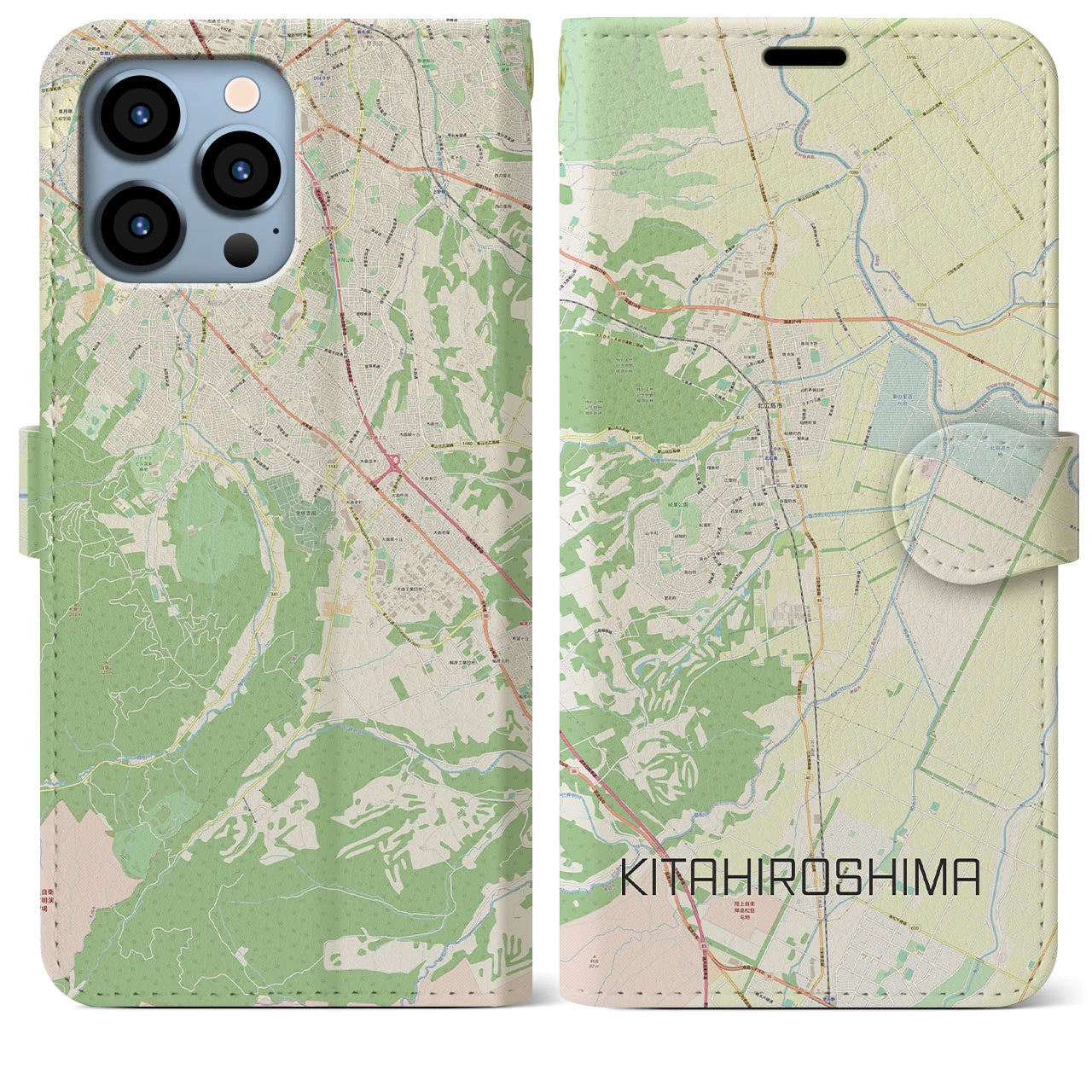 【北広島】地図柄iPhoneケース（手帳両面タイプ・ナチュラル）iPhone 13 Pro Max 用