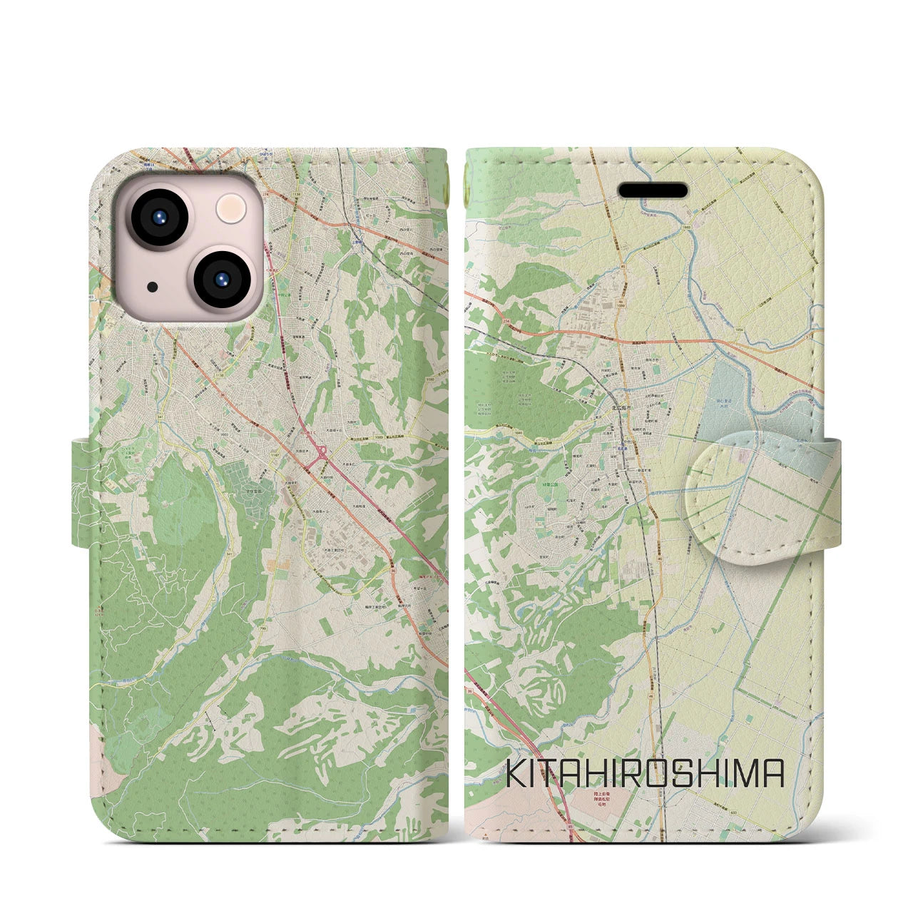 【北広島】地図柄iPhoneケース（手帳両面タイプ・ナチュラル）iPhone 13 mini 用