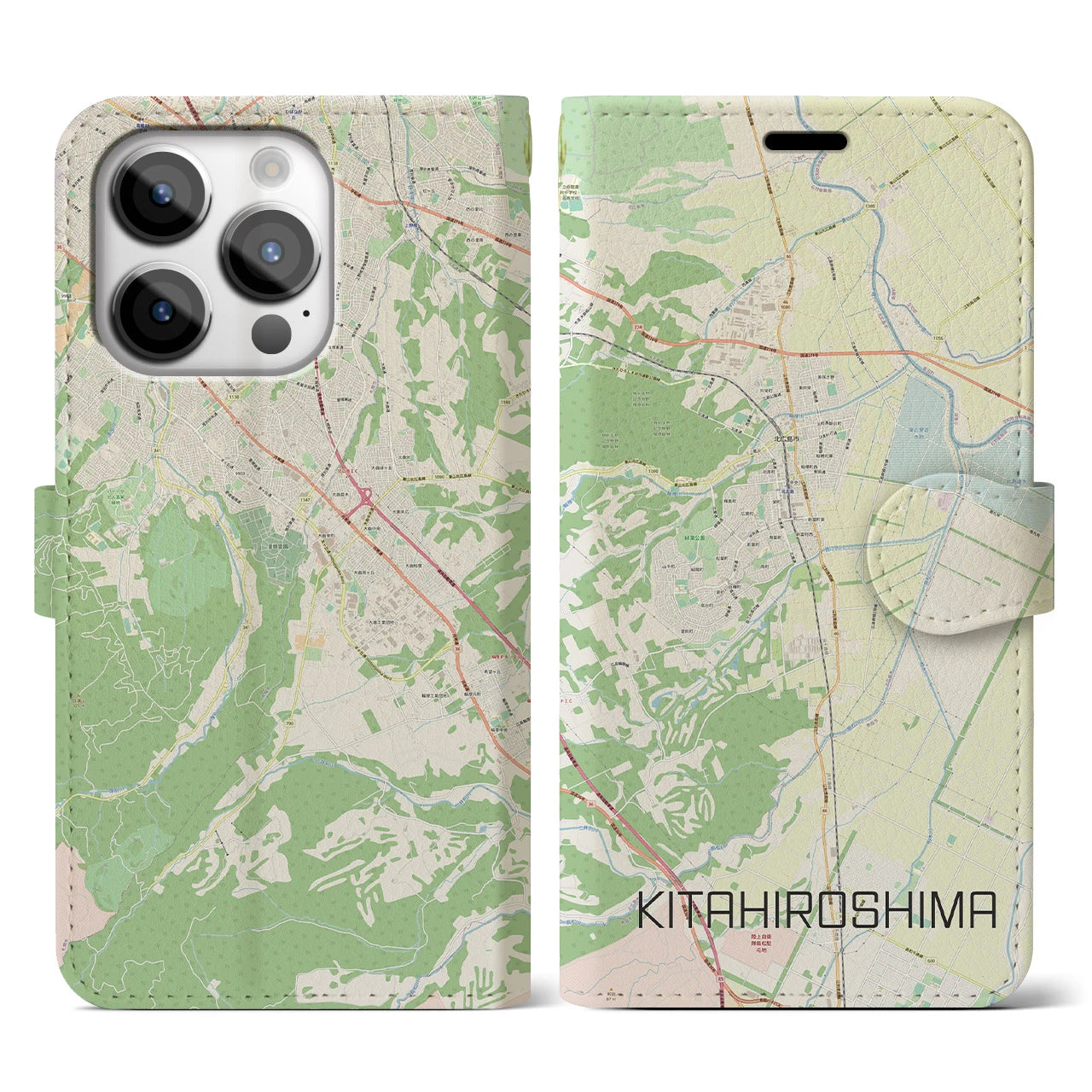 【北広島】地図柄iPhoneケース（手帳両面タイプ・ナチュラル）iPhone 14 Pro 用