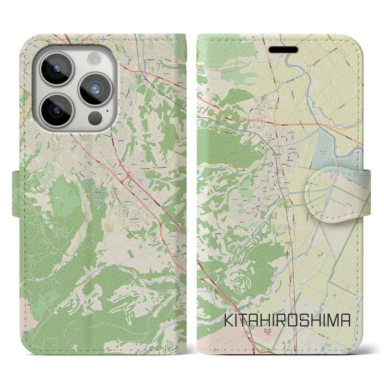 【北広島】地図柄iPhoneケース（手帳両面タイプ・ナチュラル）iPhone 15 Pro 用