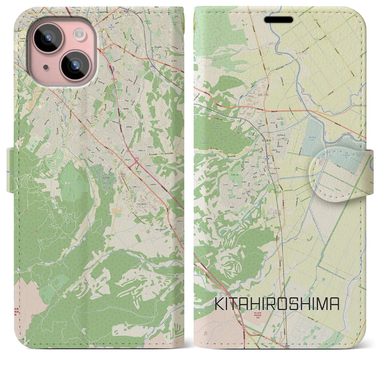 【北広島】地図柄iPhoneケース（手帳両面タイプ・ナチュラル）iPhone 15 Plus 用