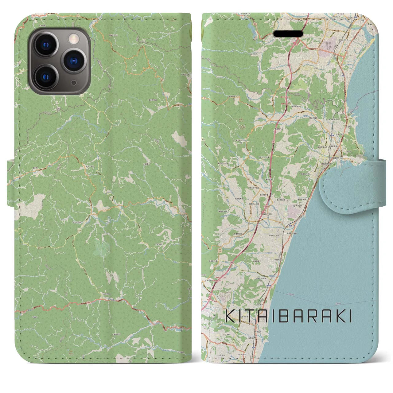 【北茨城】地図柄iPhoneケース（手帳両面タイプ・ナチュラル）iPhone 11 Pro Max 用