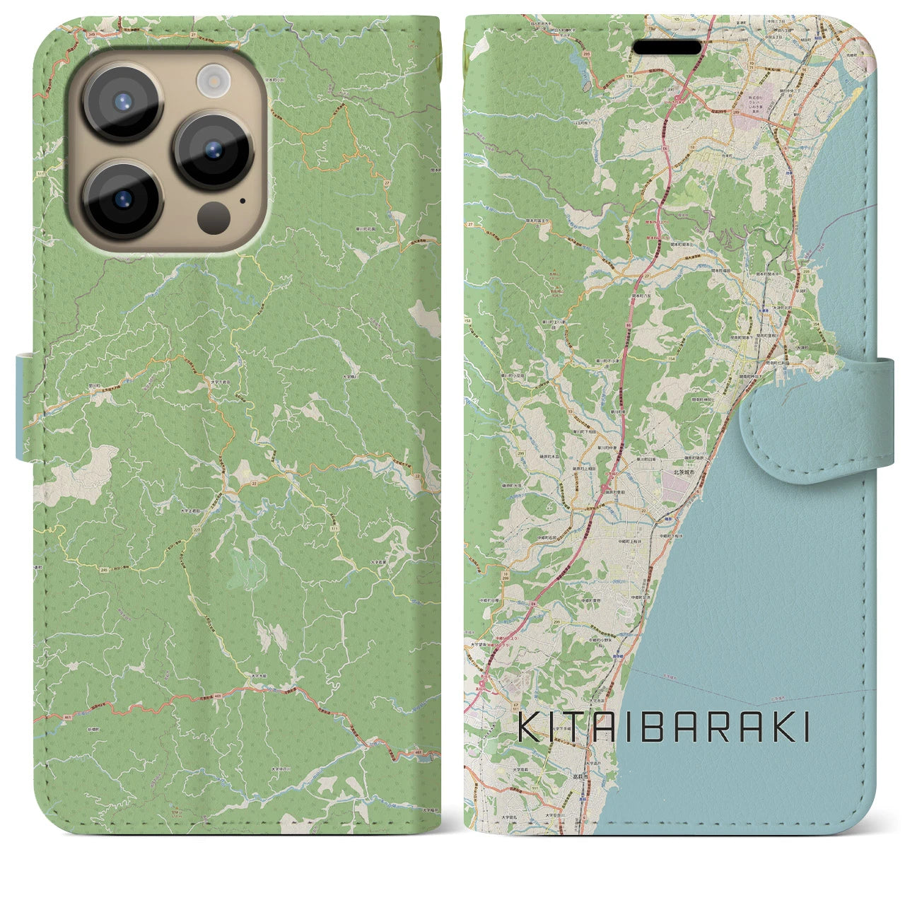 【北茨城】地図柄iPhoneケース（手帳両面タイプ・ナチュラル）iPhone 14 Pro Max 用