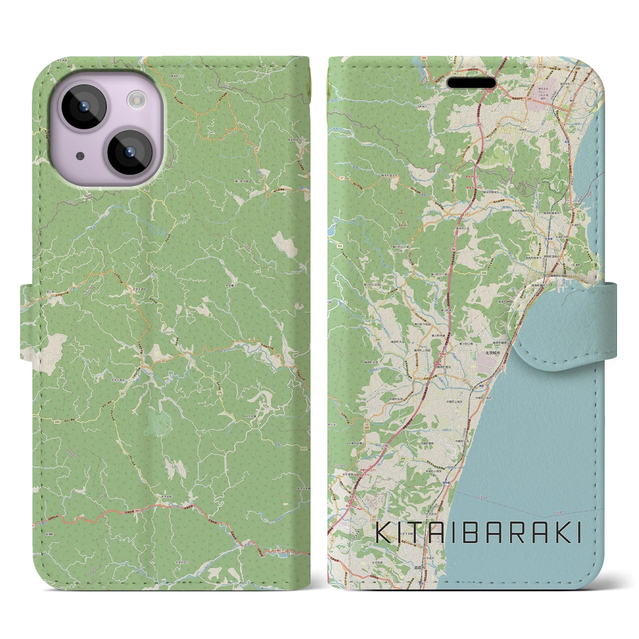 【北茨城】地図柄iPhoneケース（手帳両面タイプ・ナチュラル）iPhone 14 用