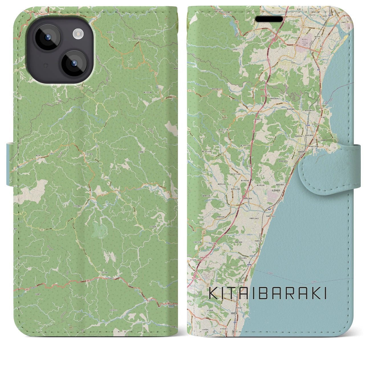 【北茨城】地図柄iPhoneケース（手帳両面タイプ・ナチュラル）iPhone 14 Plus 用