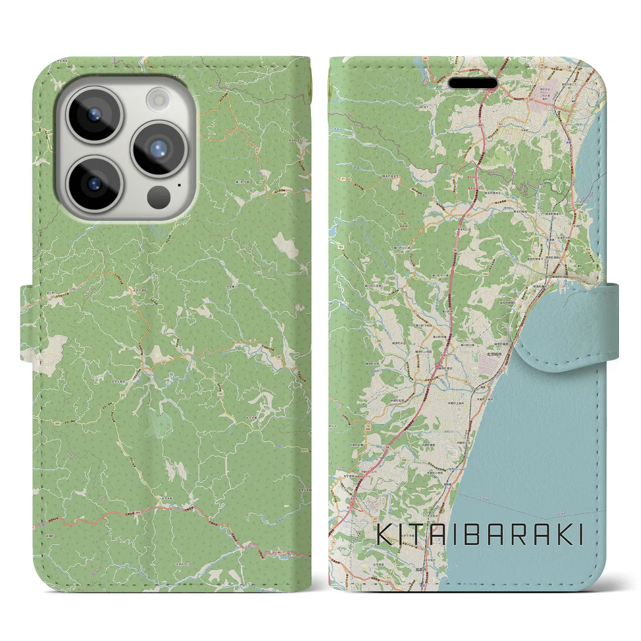 【北茨城】地図柄iPhoneケース（手帳両面タイプ・ナチュラル）iPhone 15 Pro 用