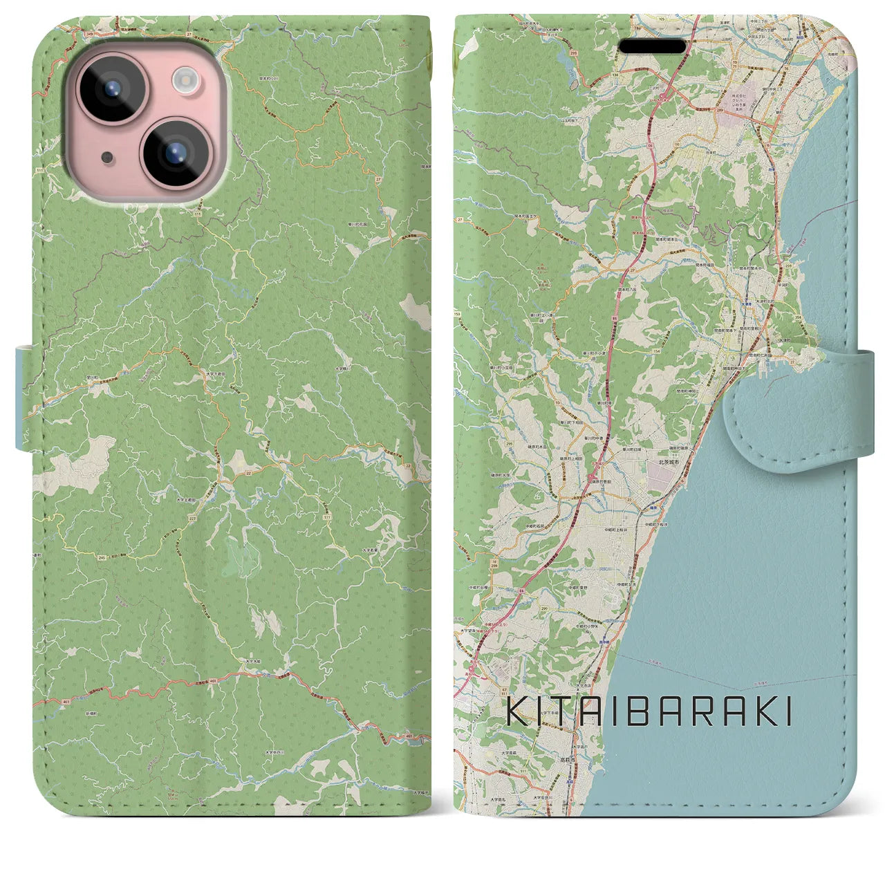 【北茨城】地図柄iPhoneケース（手帳両面タイプ・ナチュラル）iPhone 15 Plus 用
