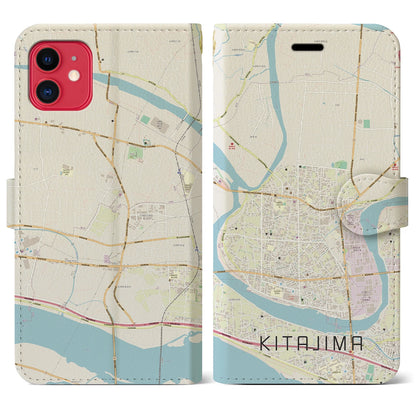 【北島（徳島県）】地図柄iPhoneケース（手帳タイプ）ナチュラル・iPhone 11 用