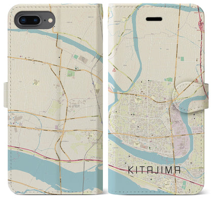 【北島（徳島県）】地図柄iPhoneケース（手帳タイプ）ナチュラル・iPhone 8Plus /7Plus / 6sPlus / 6Plus 用