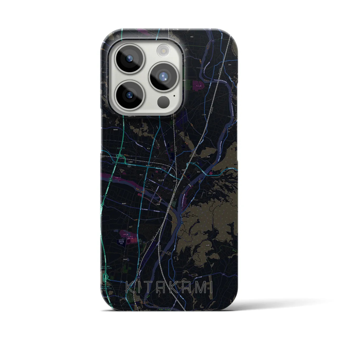 【北上】地図柄iPhoneケース（バックカバータイプ・ブラック）iPhone 15 Pro 用