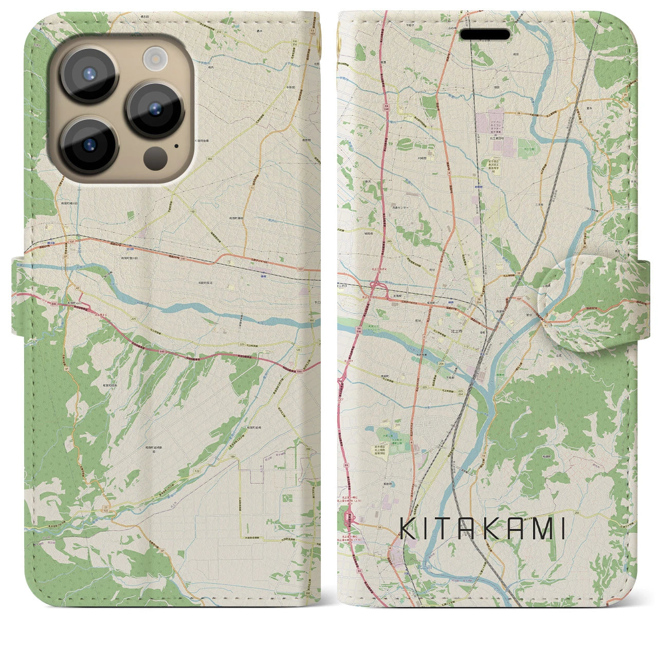 【北上】地図柄iPhoneケース（手帳両面タイプ・ナチュラル）iPhone 14 Pro Max 用