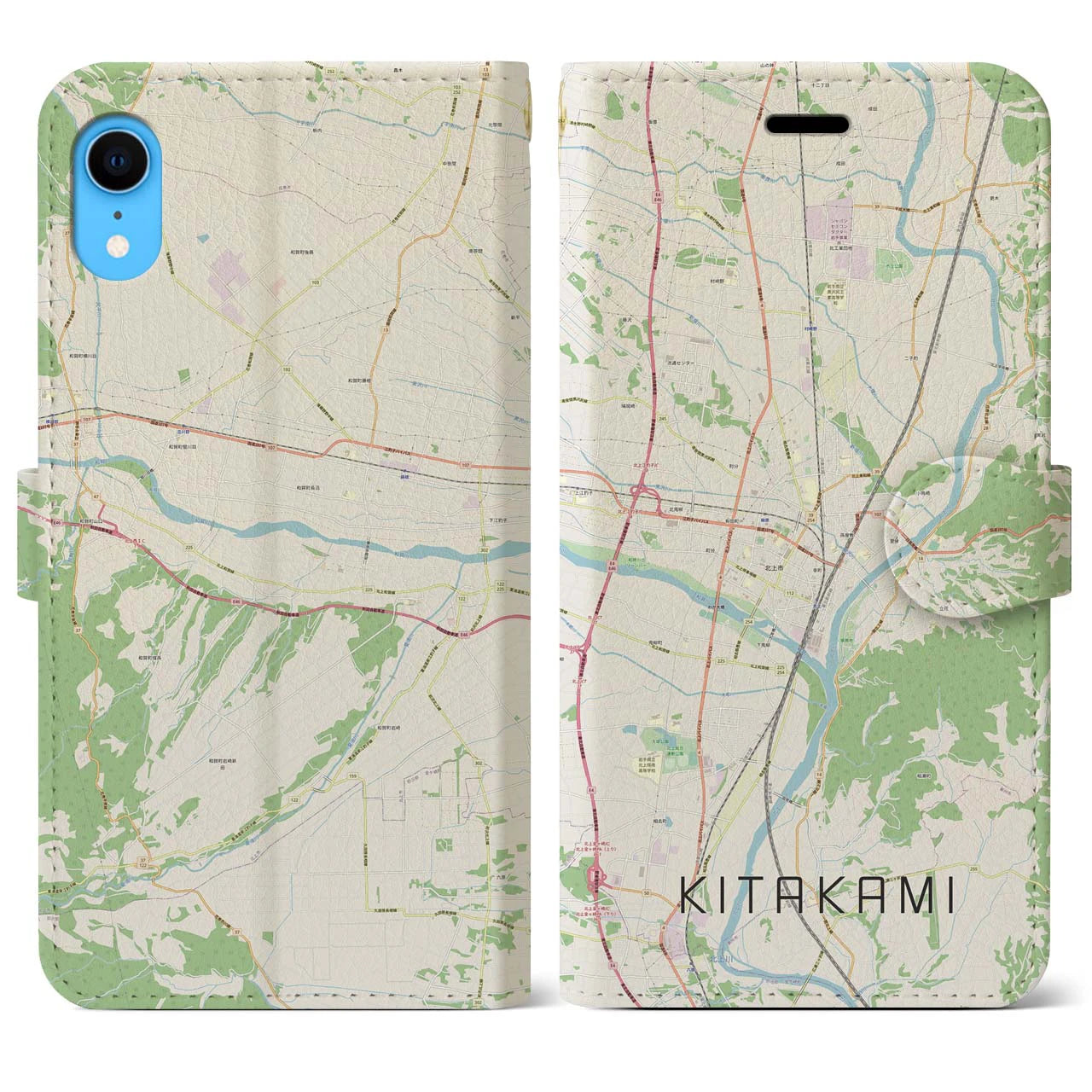 【北上】地図柄iPhoneケース（手帳両面タイプ・ナチュラル）iPhone XR 用