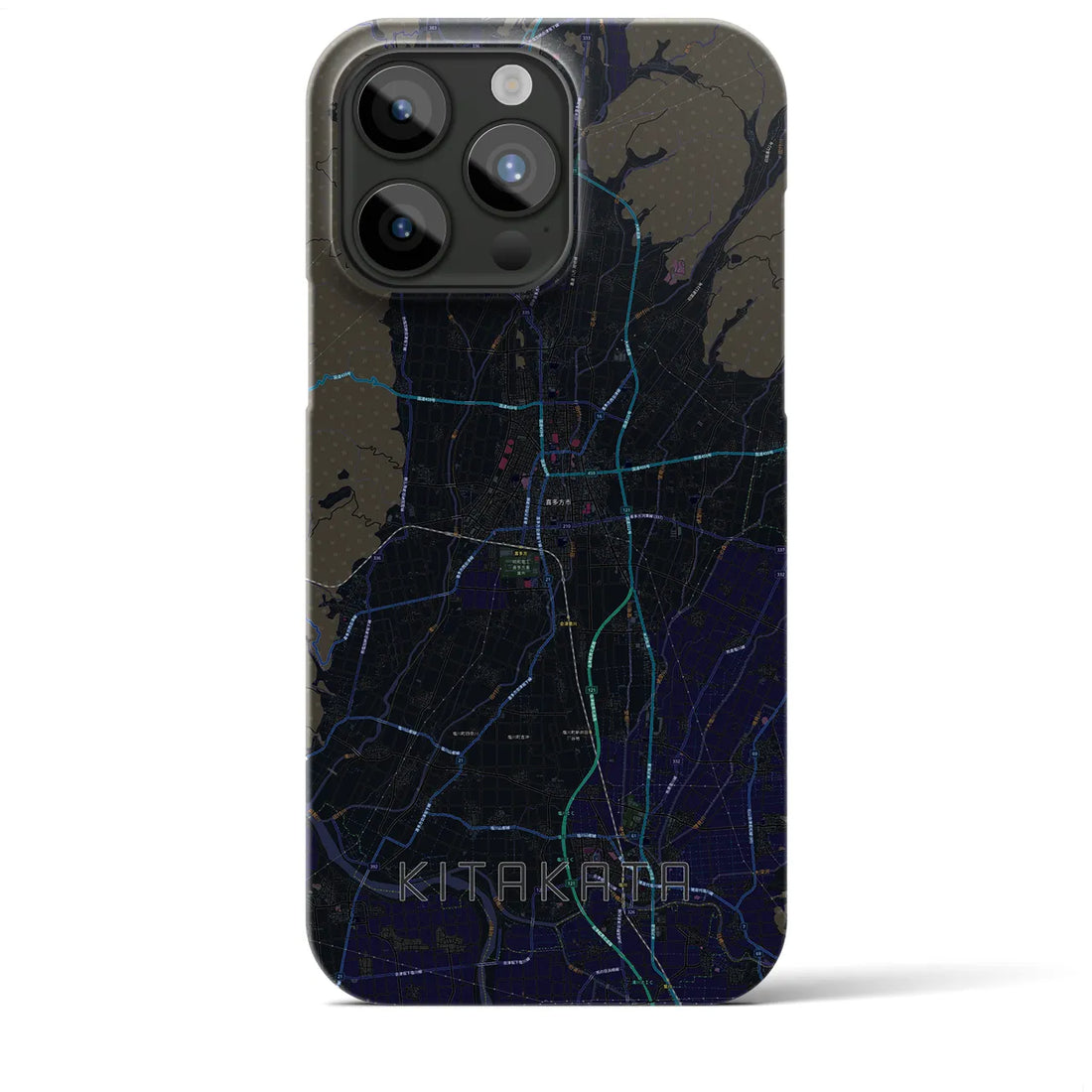 【喜多方】地図柄iPhoneケース（バックカバータイプ・ブラック）iPhone 15 Pro Max 用