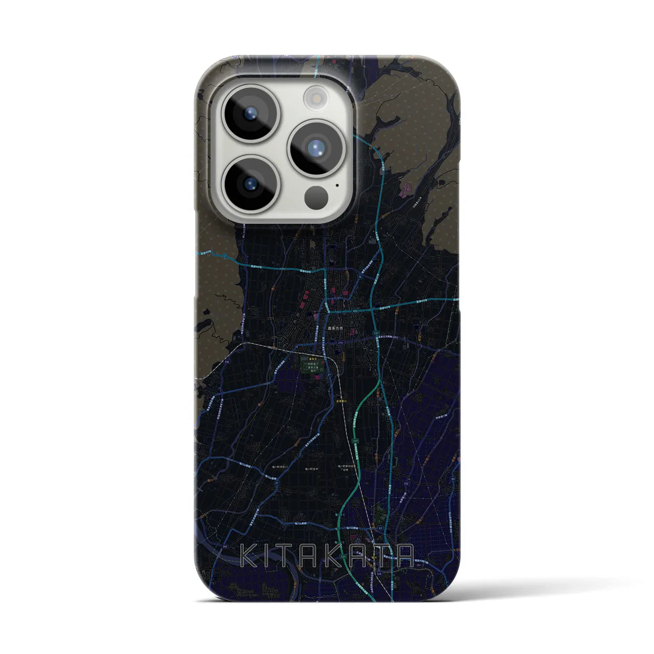【喜多方】地図柄iPhoneケース（バックカバータイプ・ブラック）iPhone 15 Pro 用