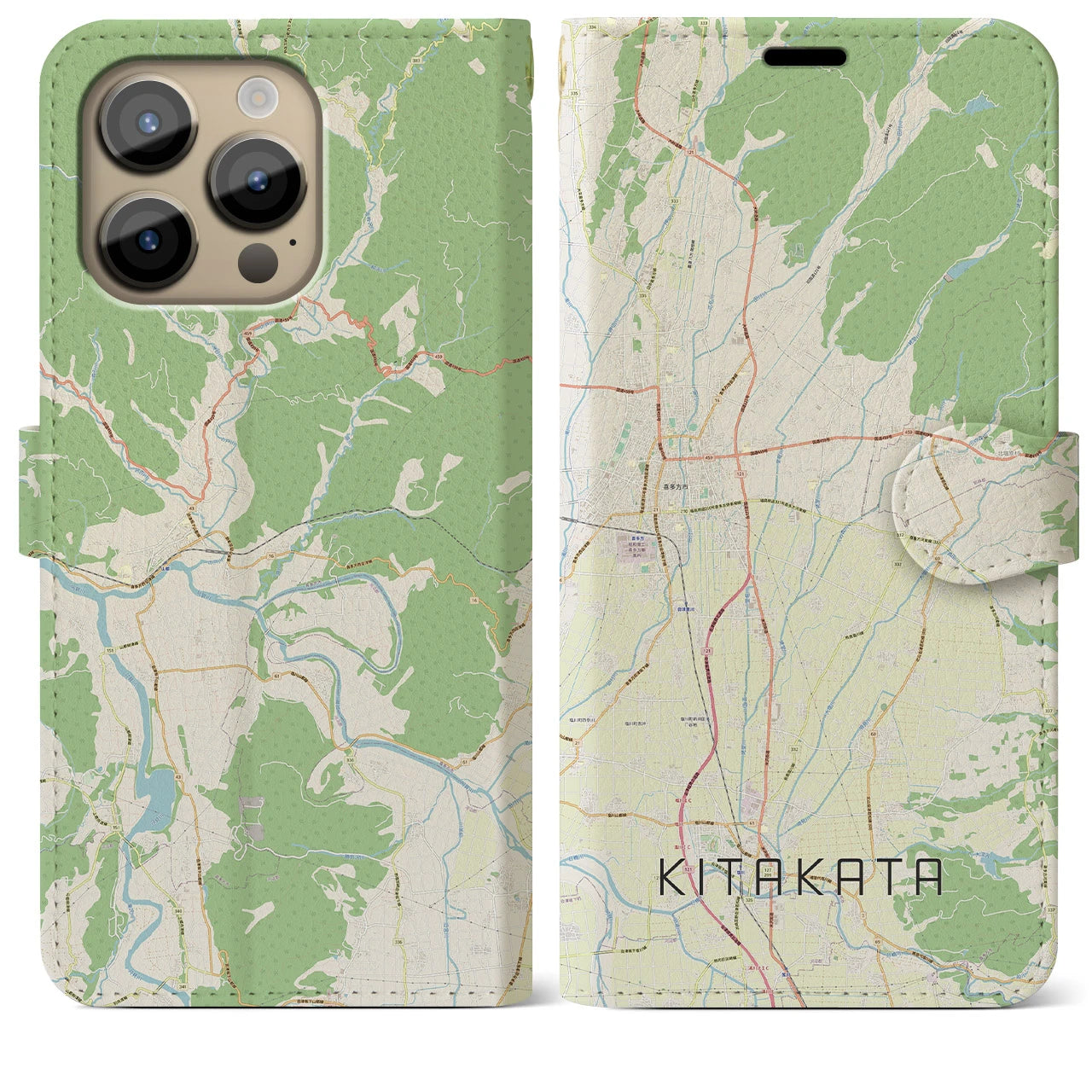 【喜多方】地図柄iPhoneケース（手帳両面タイプ・ナチュラル）iPhone 14 Pro Max 用