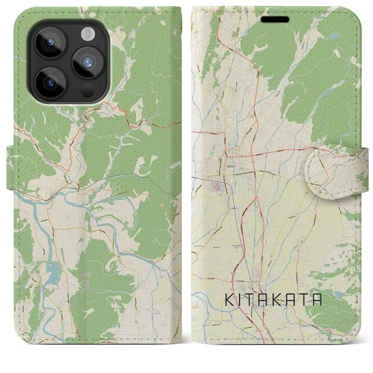 【喜多方】地図柄iPhoneケース（手帳両面タイプ・ナチュラル）iPhone 15 Pro Max 用