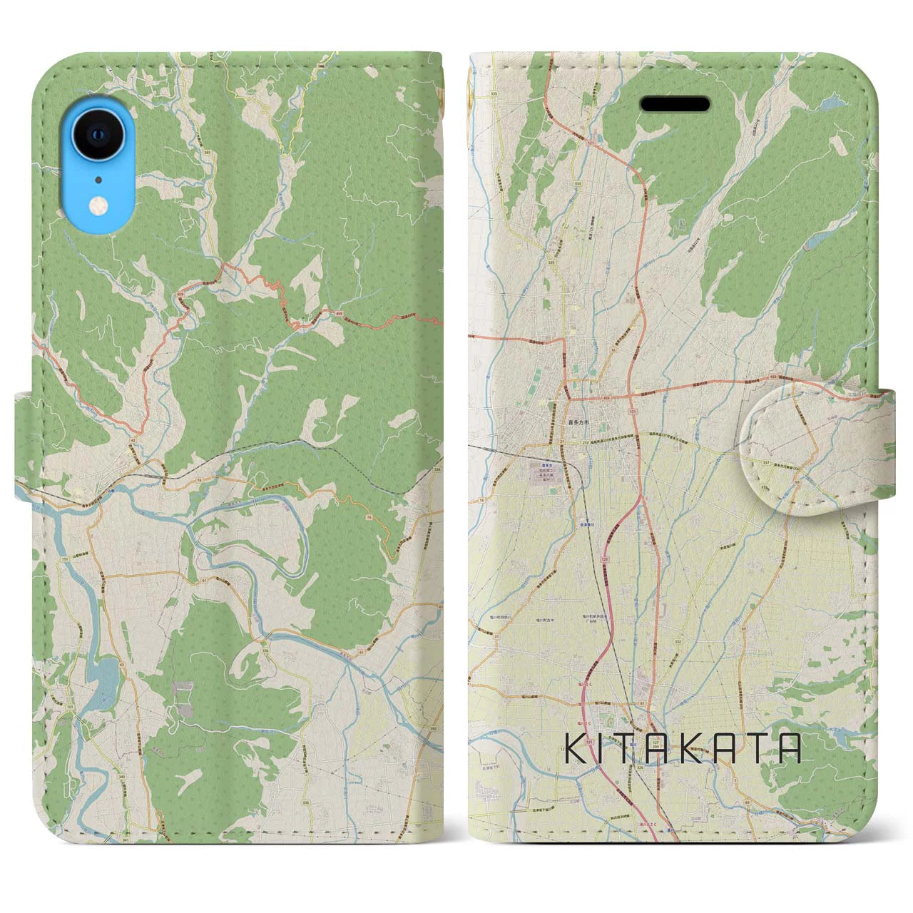 【喜多方】地図柄iPhoneケース（手帳両面タイプ・ナチュラル）iPhone XR 用