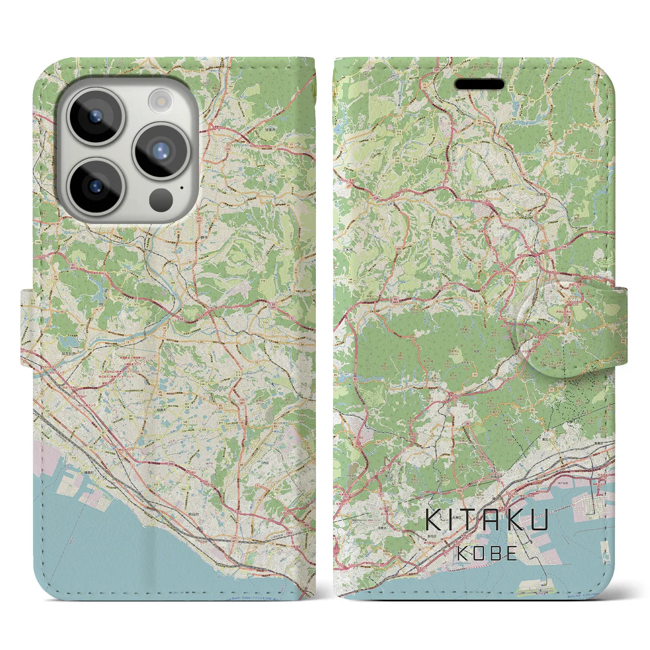 【北区（神戸市）】地図柄iPhoneケース（手帳両面タイプ・ナチュラル）iPhone 15 Pro 用
