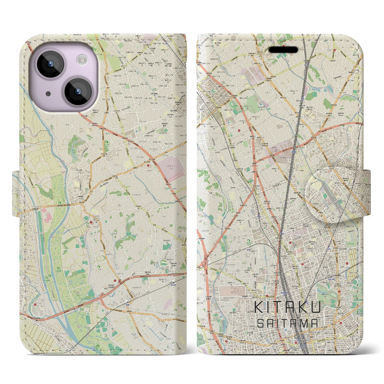 【北区（さいたま市）】地図柄iPhoneケース（手帳両面タイプ・ナチュラル）iPhone 14 用