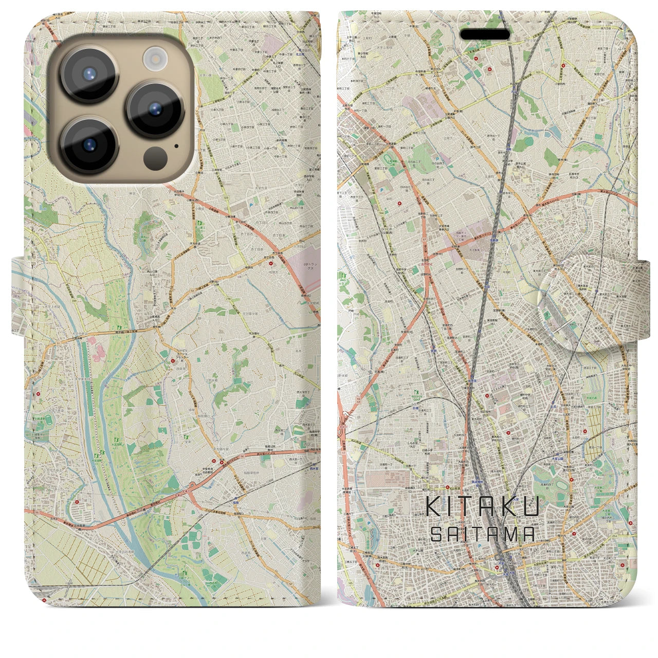 【北区（さいたま市）】地図柄iPhoneケース（手帳両面タイプ・ナチュラル）iPhone 14 Pro Max 用