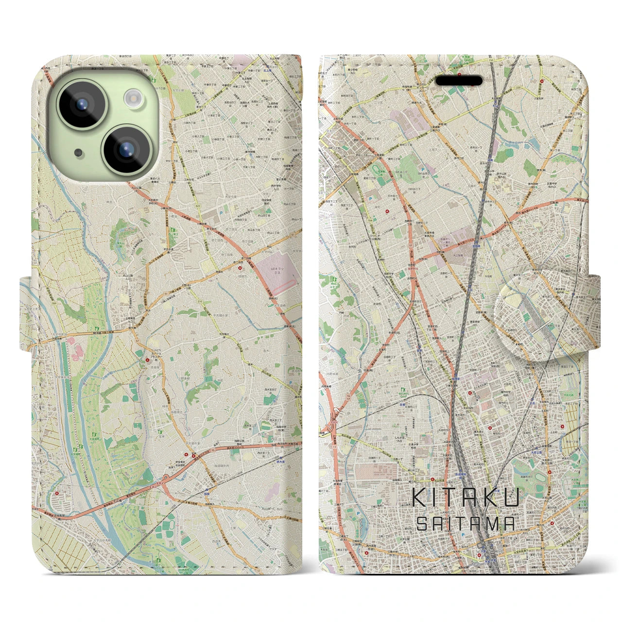 【北区（さいたま市）】地図柄iPhoneケース（手帳両面タイプ・ナチュラル）iPhone 15 用