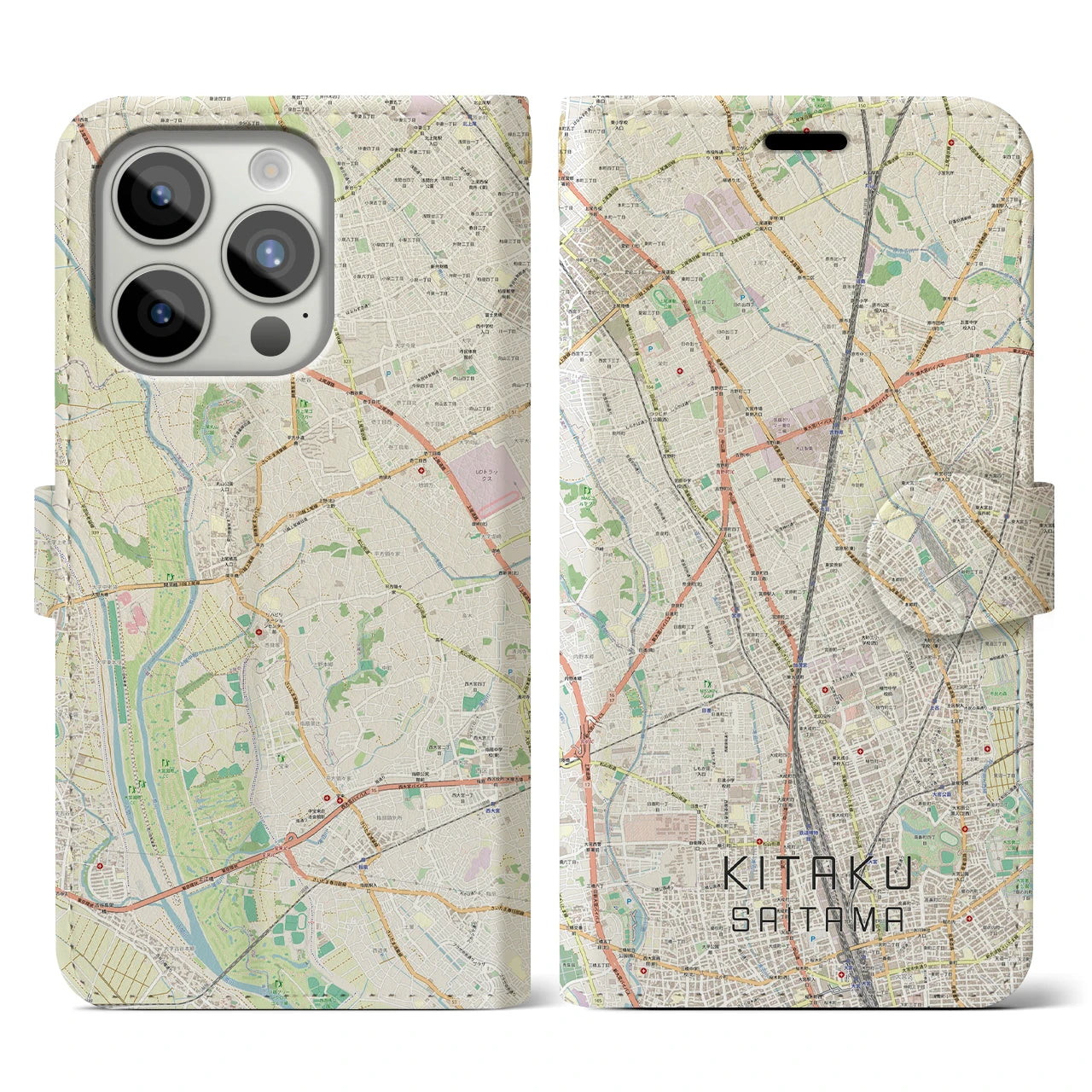 【北区（さいたま市）】地図柄iPhoneケース（手帳両面タイプ・ナチュラル）iPhone 15 Pro 用
