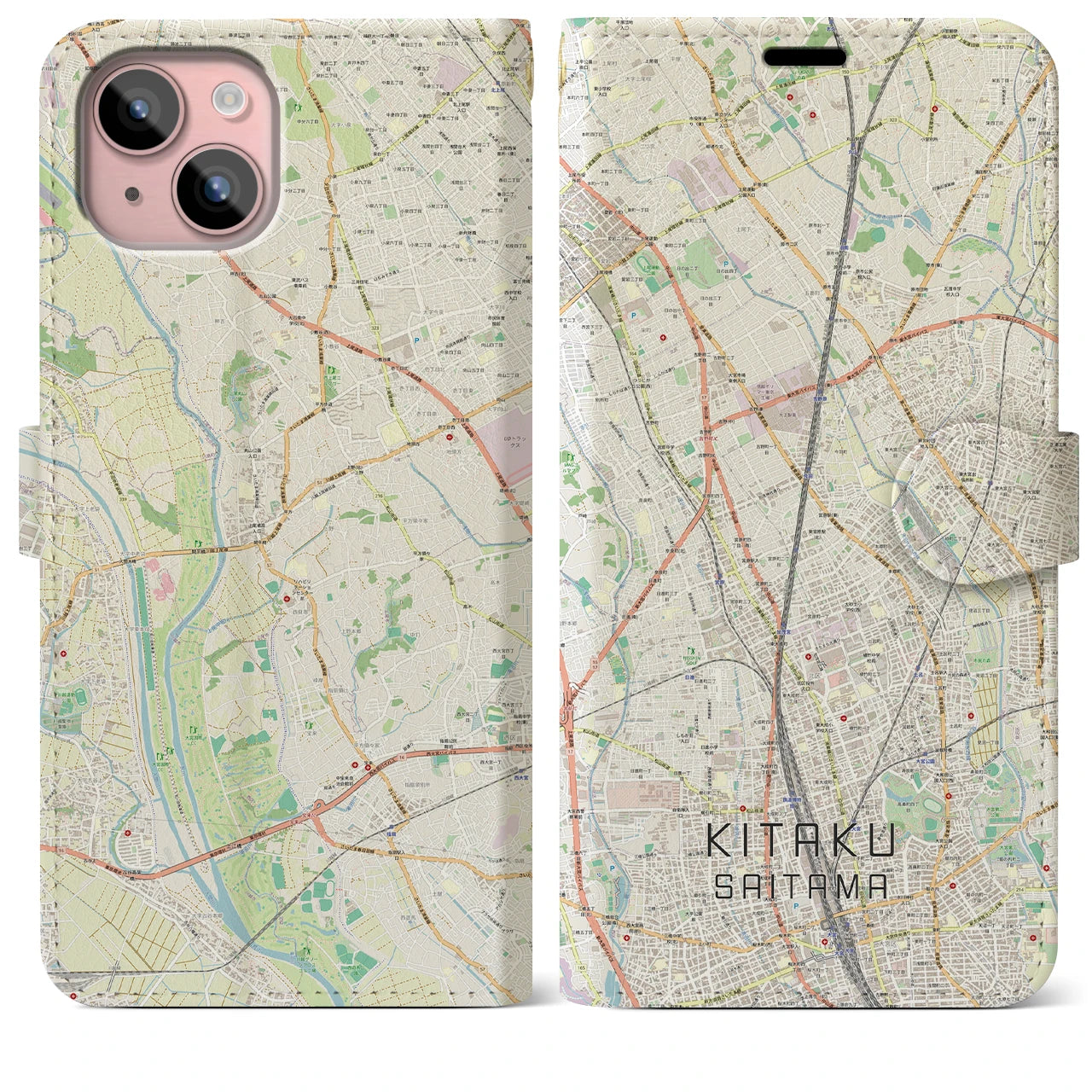 【北区（さいたま市）】地図柄iPhoneケース（手帳両面タイプ・ナチュラル）iPhone 15 Plus 用