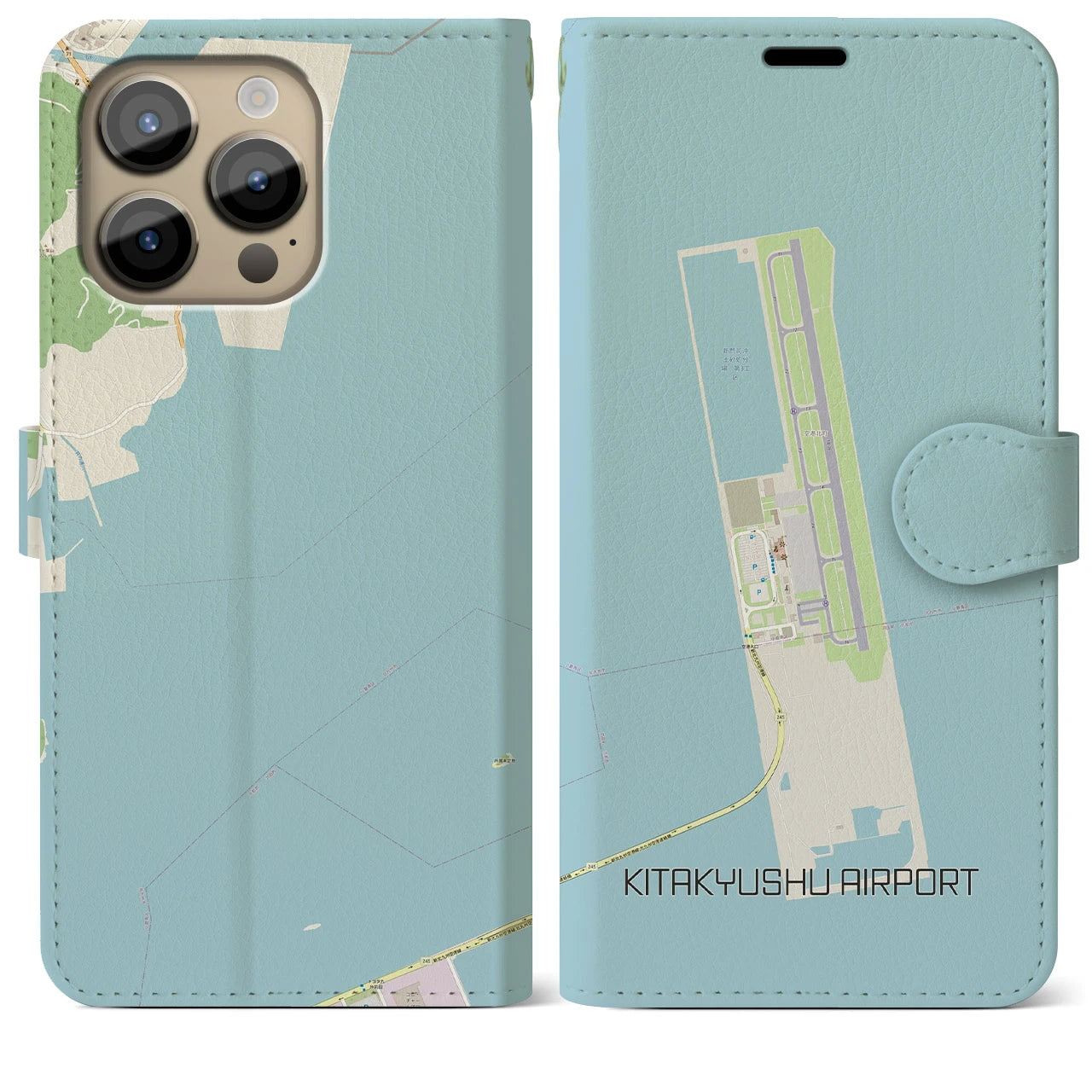 【北九州空港】地図柄iPhoneケース（手帳両面タイプ・ナチュラル）iPhone 14 Pro Max 用
