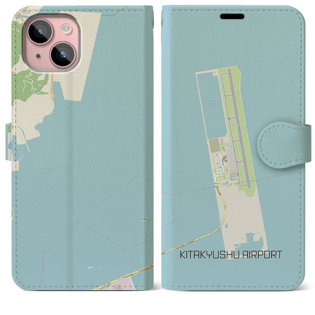 【北九州空港】地図柄iPhoneケース（手帳両面タイプ・ナチュラル）iPhone 15 Plus 用