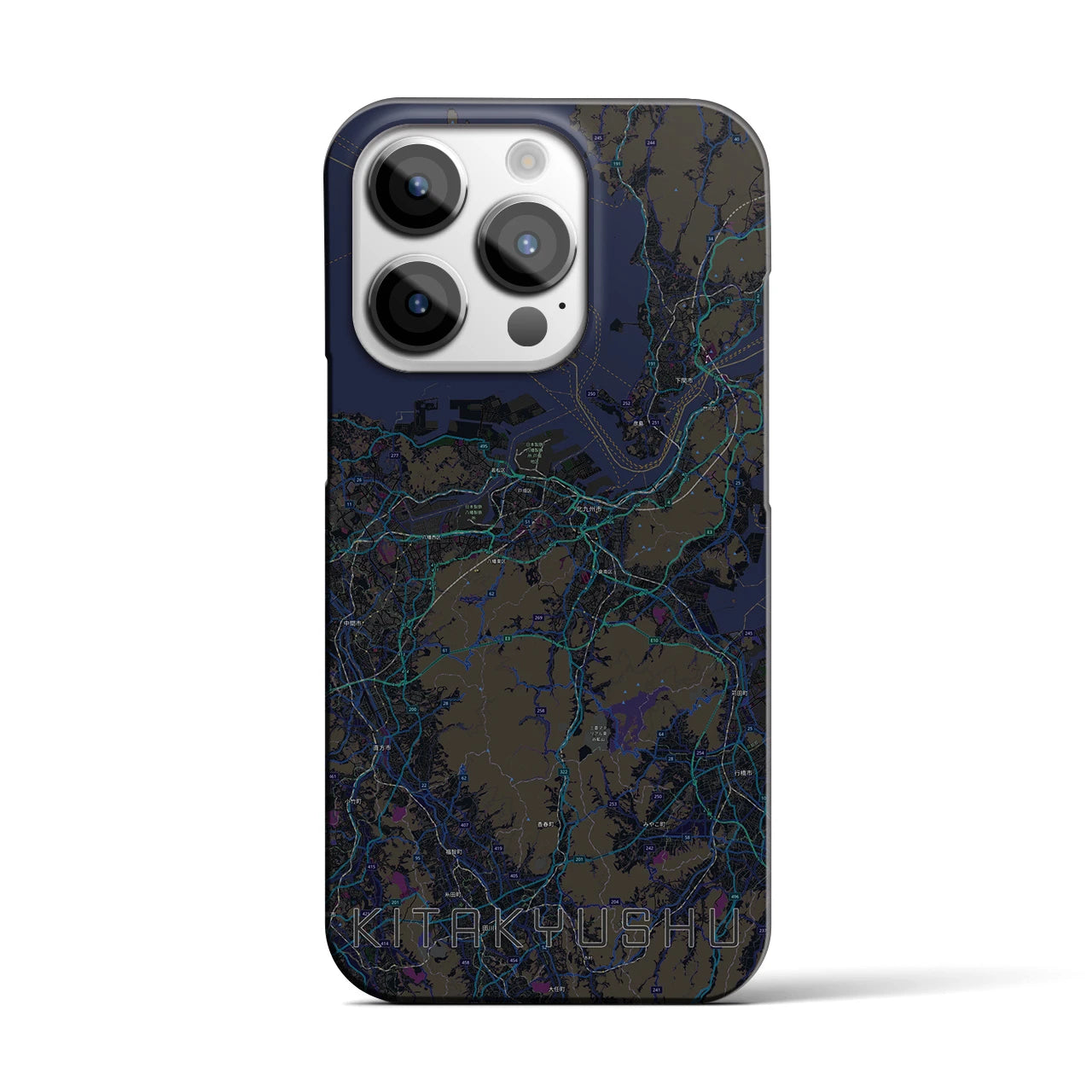 【北九州】地図柄iPhoneケース（バックカバータイプ・ブラック）iPhone 14 Pro 用