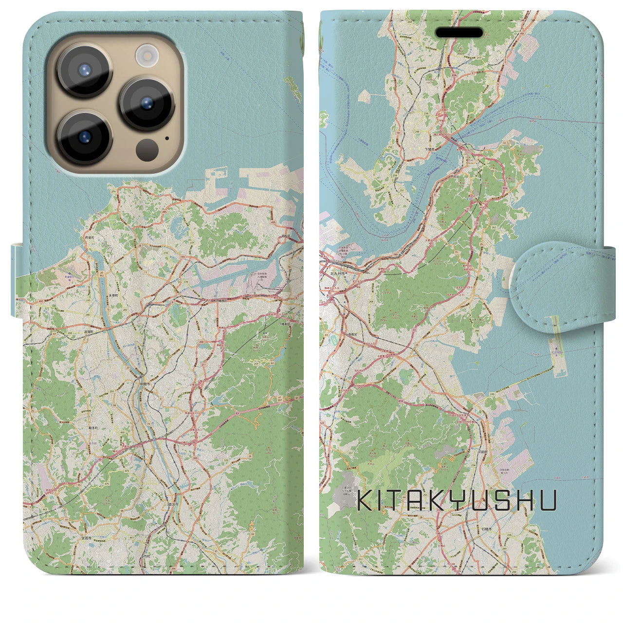 【北九州】地図柄iPhoneケース（手帳両面タイプ・ナチュラル）iPhone 14 Pro Max 用