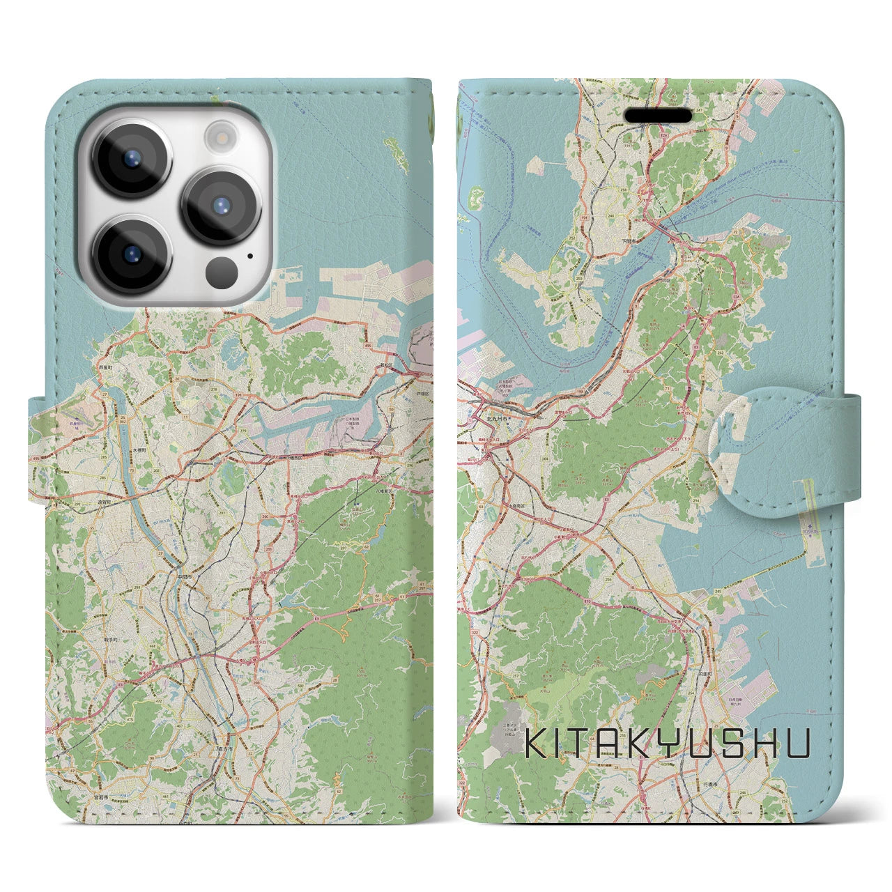 【北九州】地図柄iPhoneケース（手帳両面タイプ・ナチュラル）iPhone 14 Pro 用
