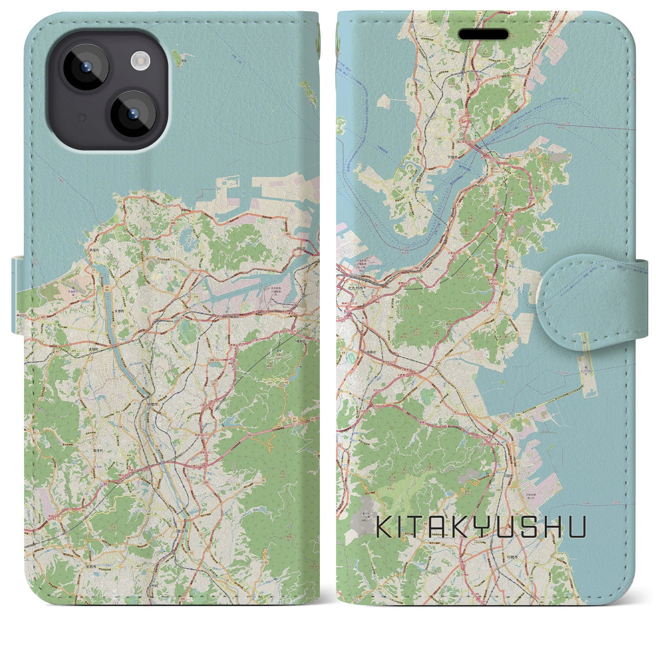 【北九州】地図柄iPhoneケース（手帳両面タイプ・ナチュラル）iPhone 14 Plus 用