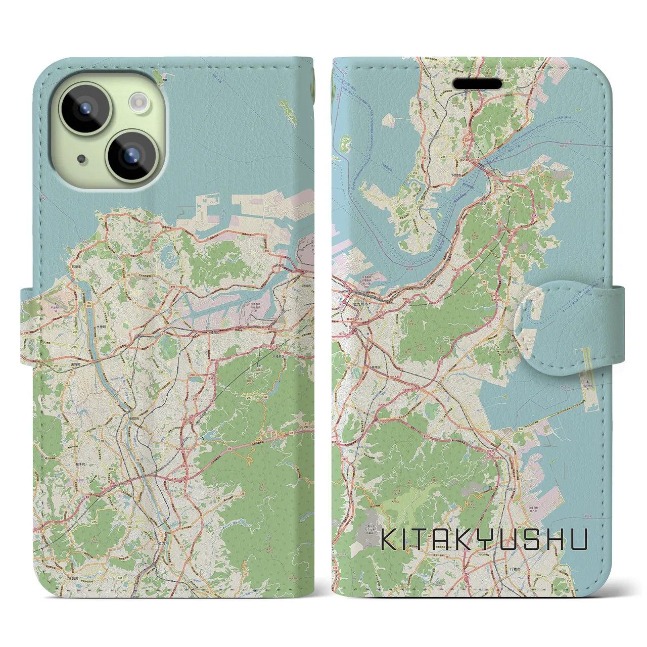 【北九州】地図柄iPhoneケース（手帳両面タイプ・ナチュラル）iPhone 15 用