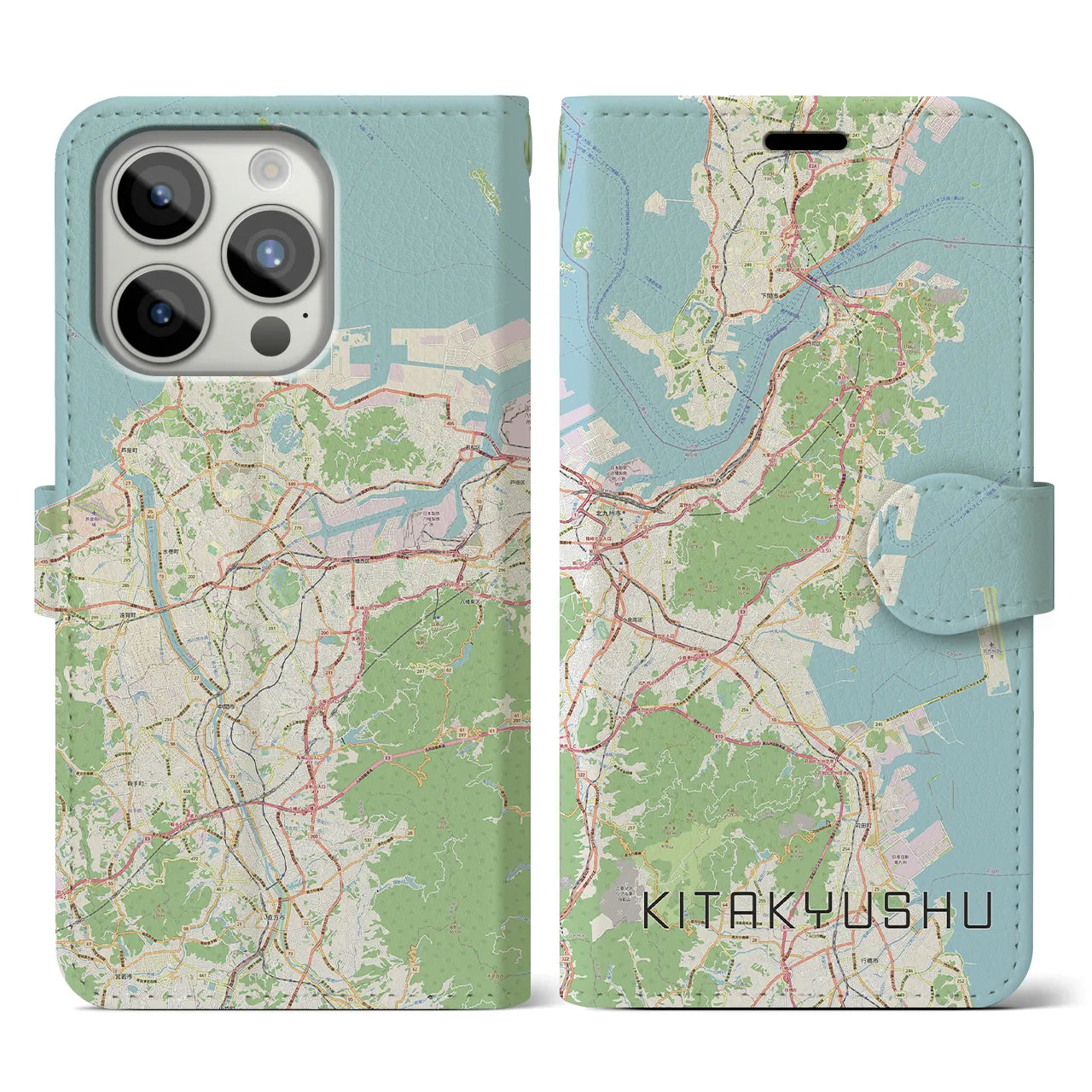 【北九州】地図柄iPhoneケース（手帳両面タイプ・ナチュラル）iPhone 15 Pro 用