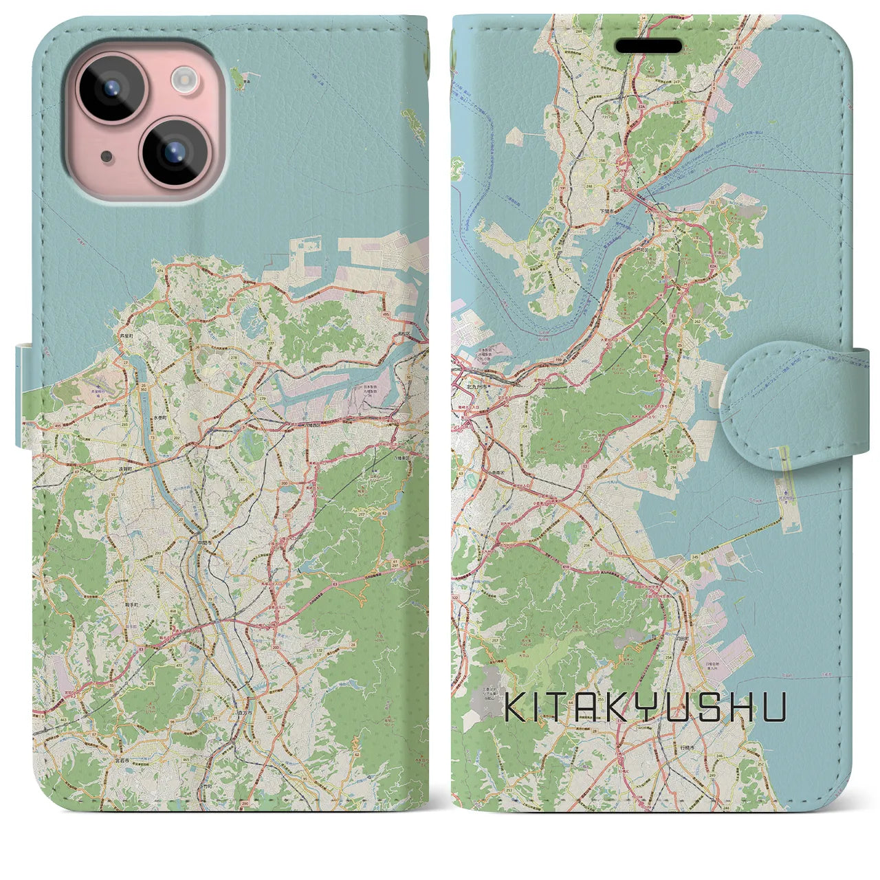 【北九州】地図柄iPhoneケース（手帳両面タイプ・ナチュラル）iPhone 15 Plus 用