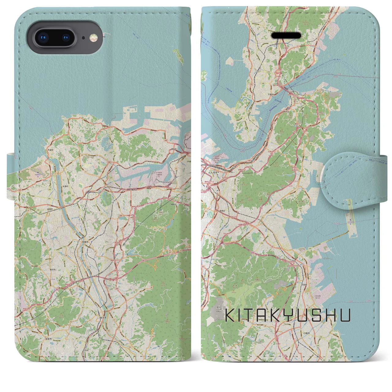 【北九州】地図柄iPhoneケース（手帳両面タイプ・ナチュラル）iPhone 8Plus /7Plus / 6sPlus / 6Plus 用