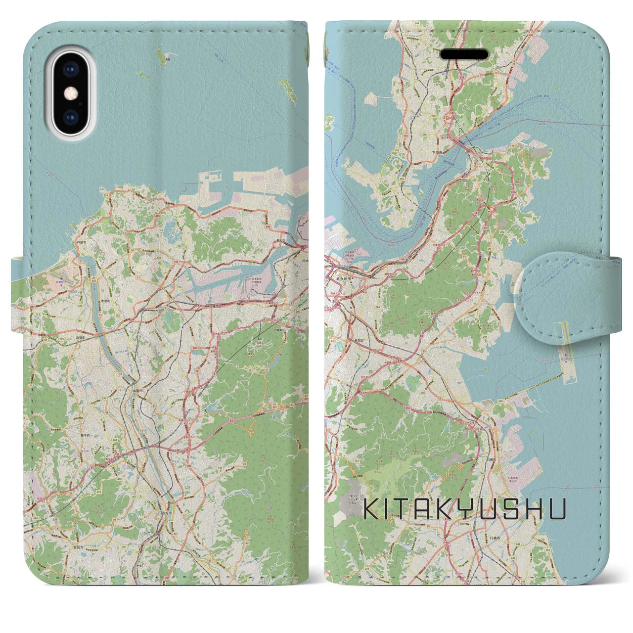 【北九州】地図柄iPhoneケース（手帳両面タイプ・ナチュラル）iPhone XS Max 用