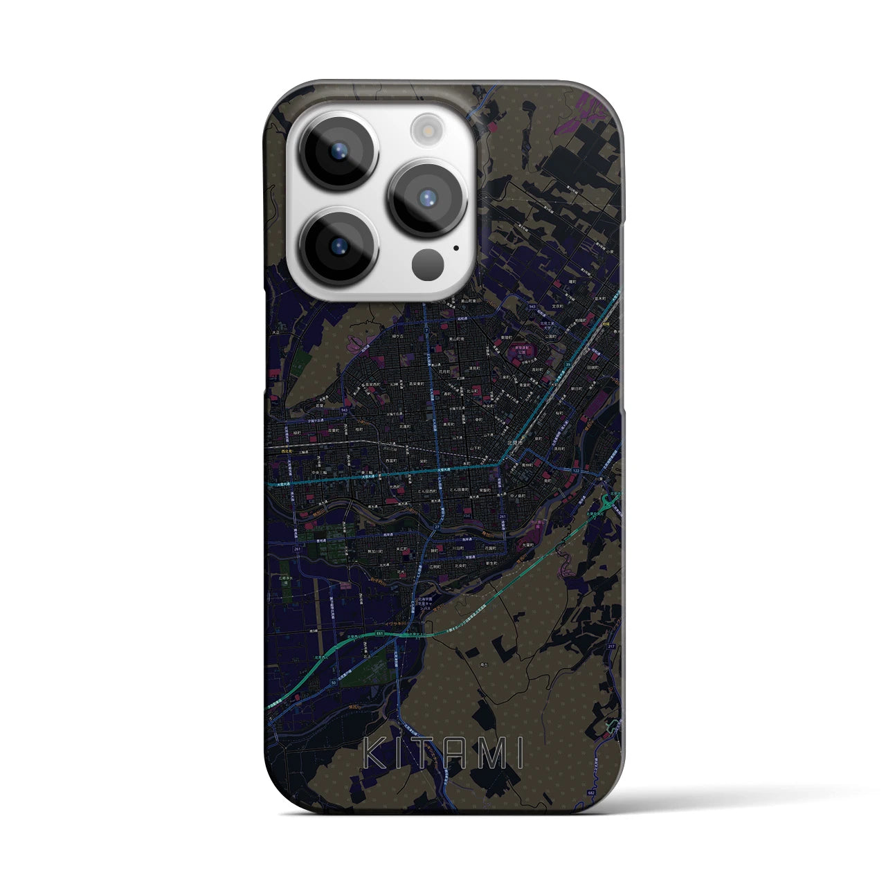 【北見】地図柄iPhoneケース（バックカバータイプ・ブラック）iPhone 14 Pro 用