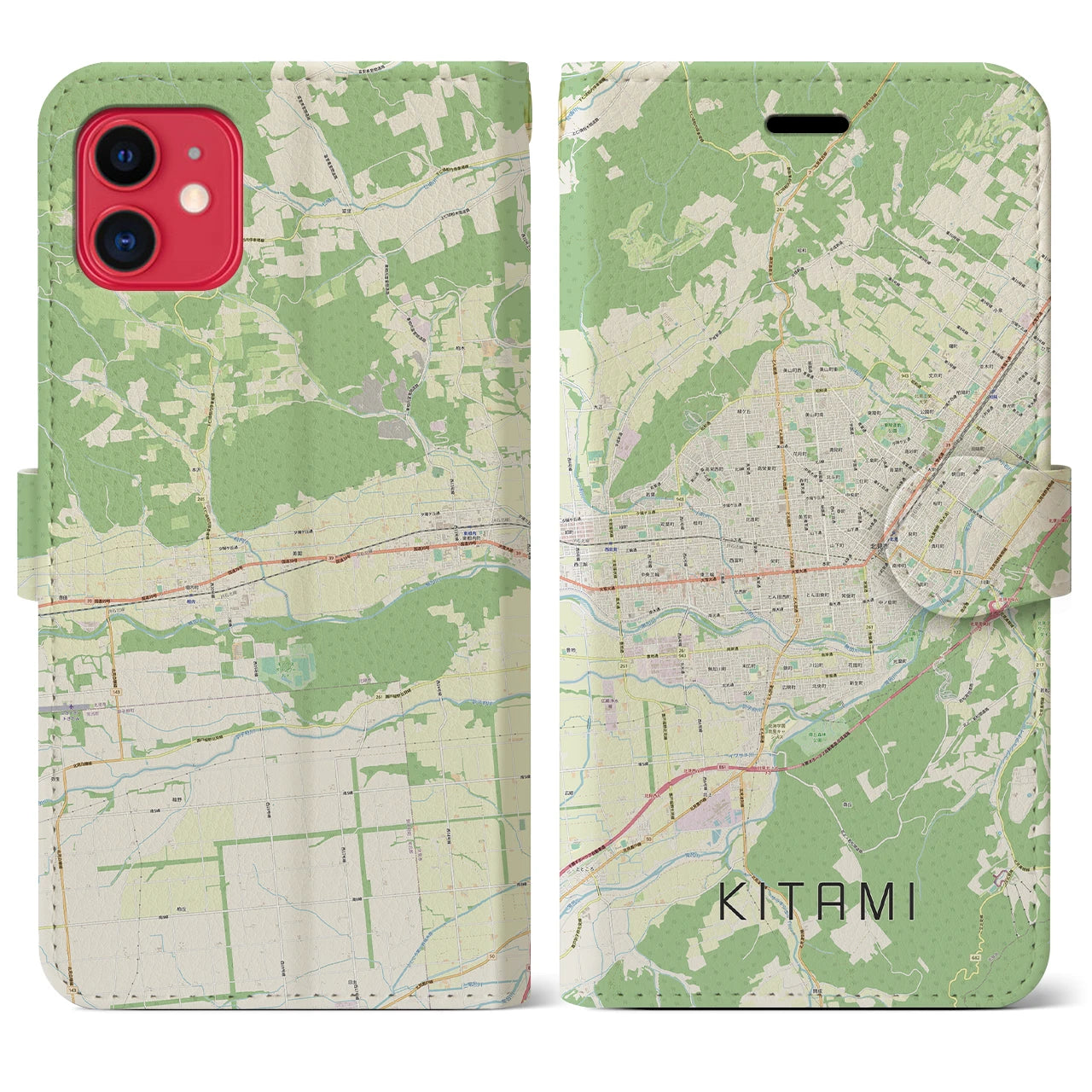 【北見】地図柄iPhoneケース（手帳両面タイプ・ナチュラル）iPhone 11 用