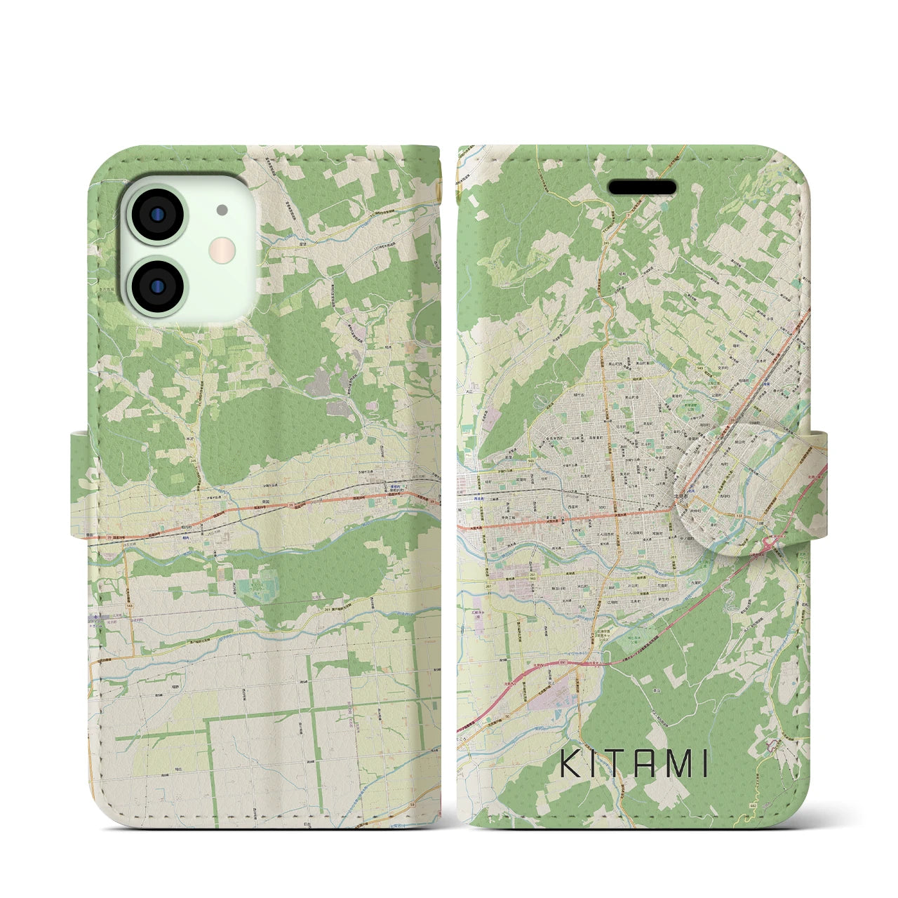 【北見】地図柄iPhoneケース（手帳両面タイプ・ナチュラル）iPhone 12 mini 用