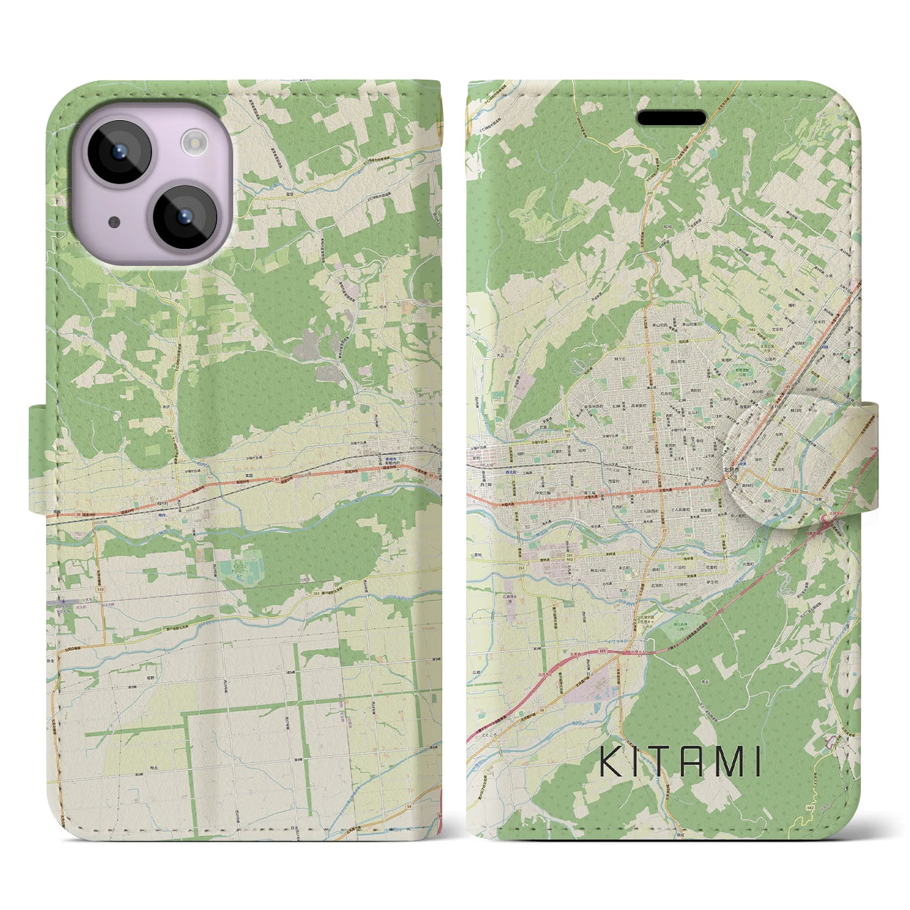 【北見】地図柄iPhoneケース（手帳両面タイプ・ナチュラル）iPhone 14 用