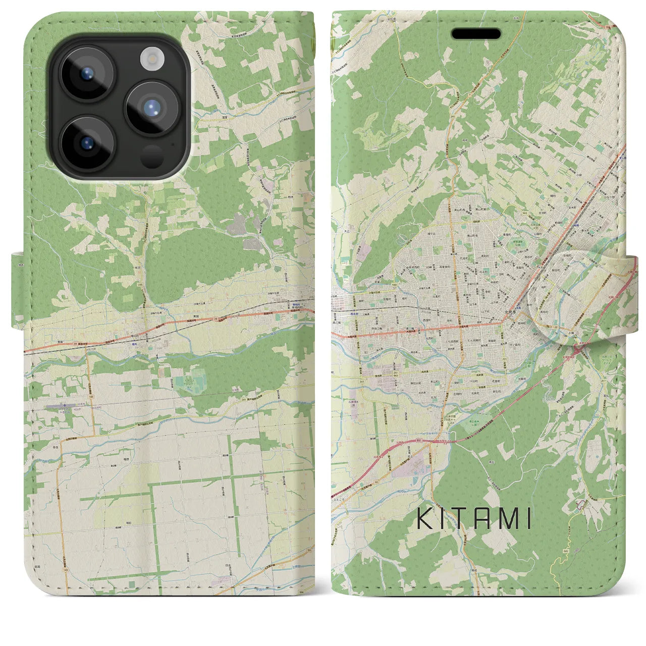 【北見】地図柄iPhoneケース（手帳両面タイプ・ナチュラル）iPhone 15 Pro Max 用