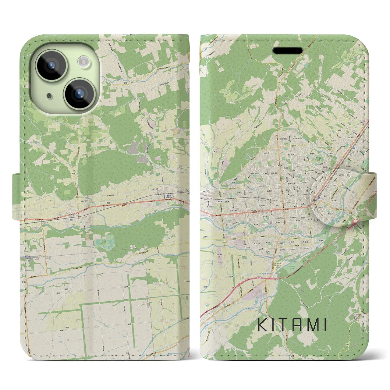 【北見】地図柄iPhoneケース（手帳両面タイプ・ナチュラル）iPhone 15 用