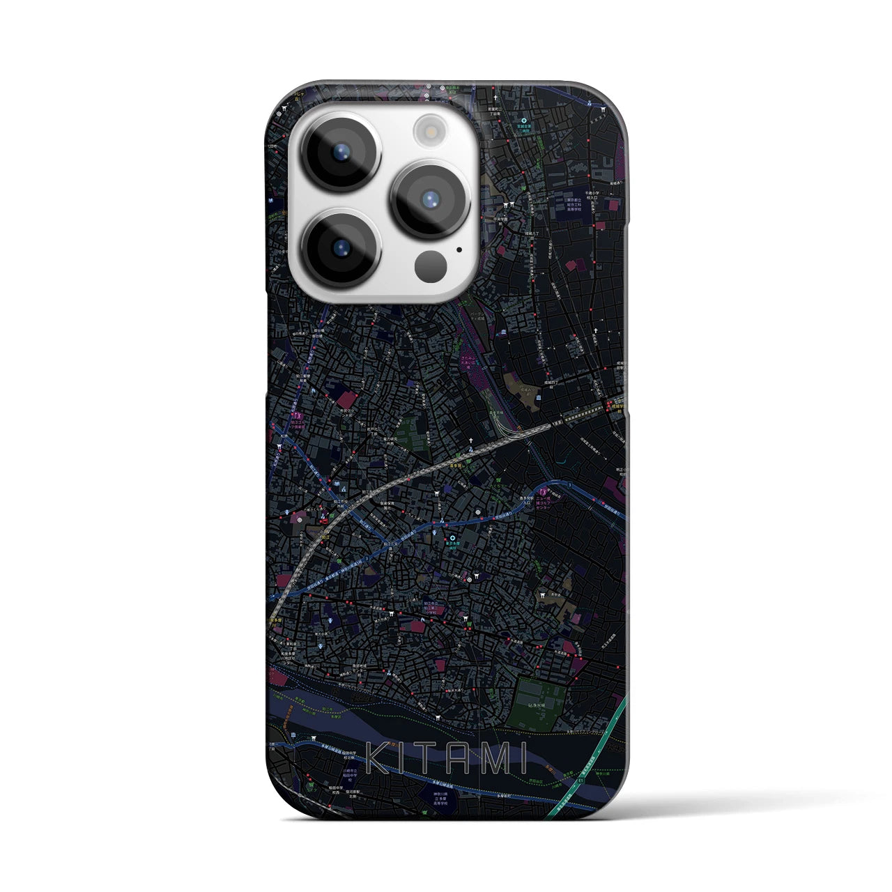 【喜多見】地図柄iPhoneケース（バックカバータイプ・ブラック）iPhone 14 Pro 用