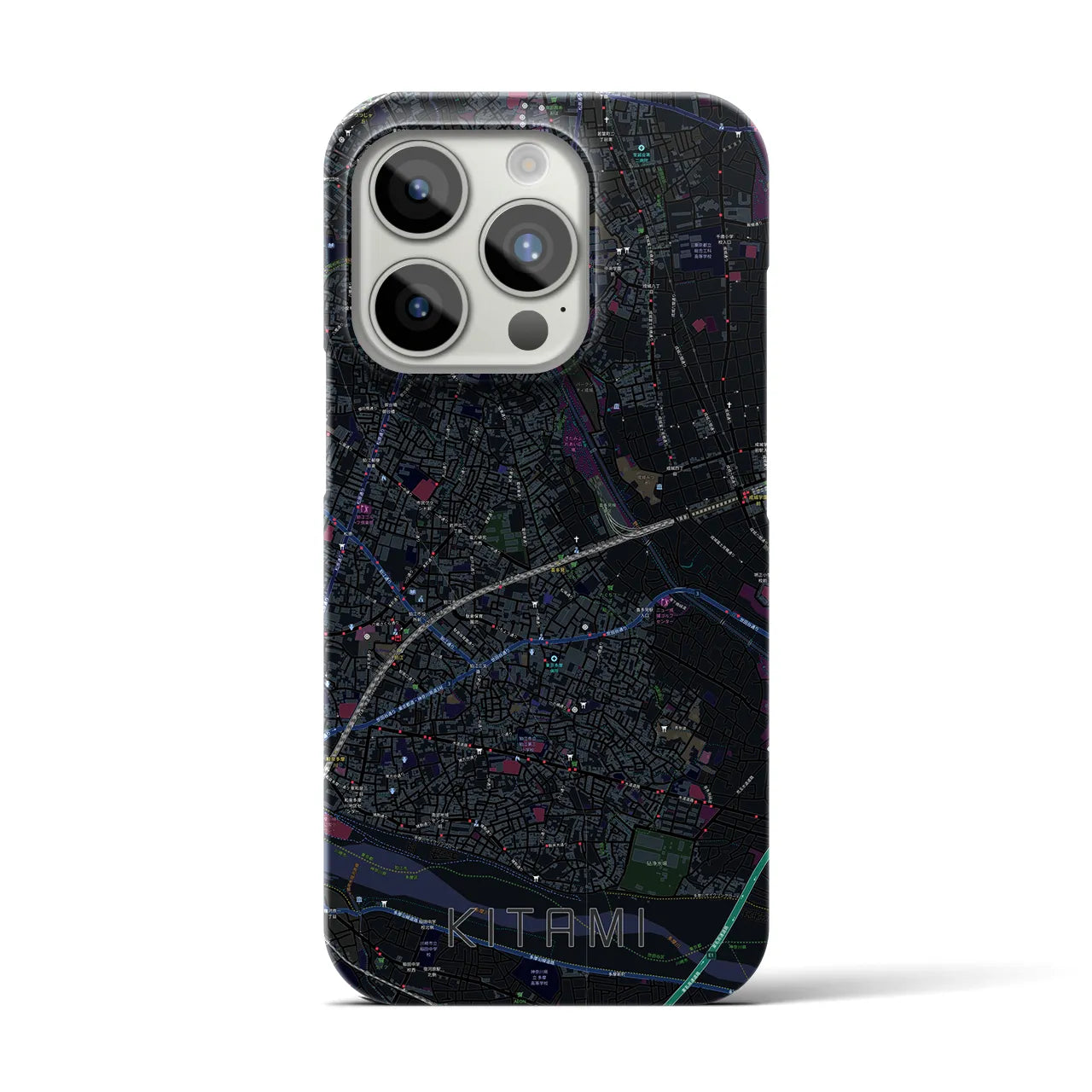 【喜多見】地図柄iPhoneケース（バックカバータイプ・ブラック）iPhone 15 Pro 用