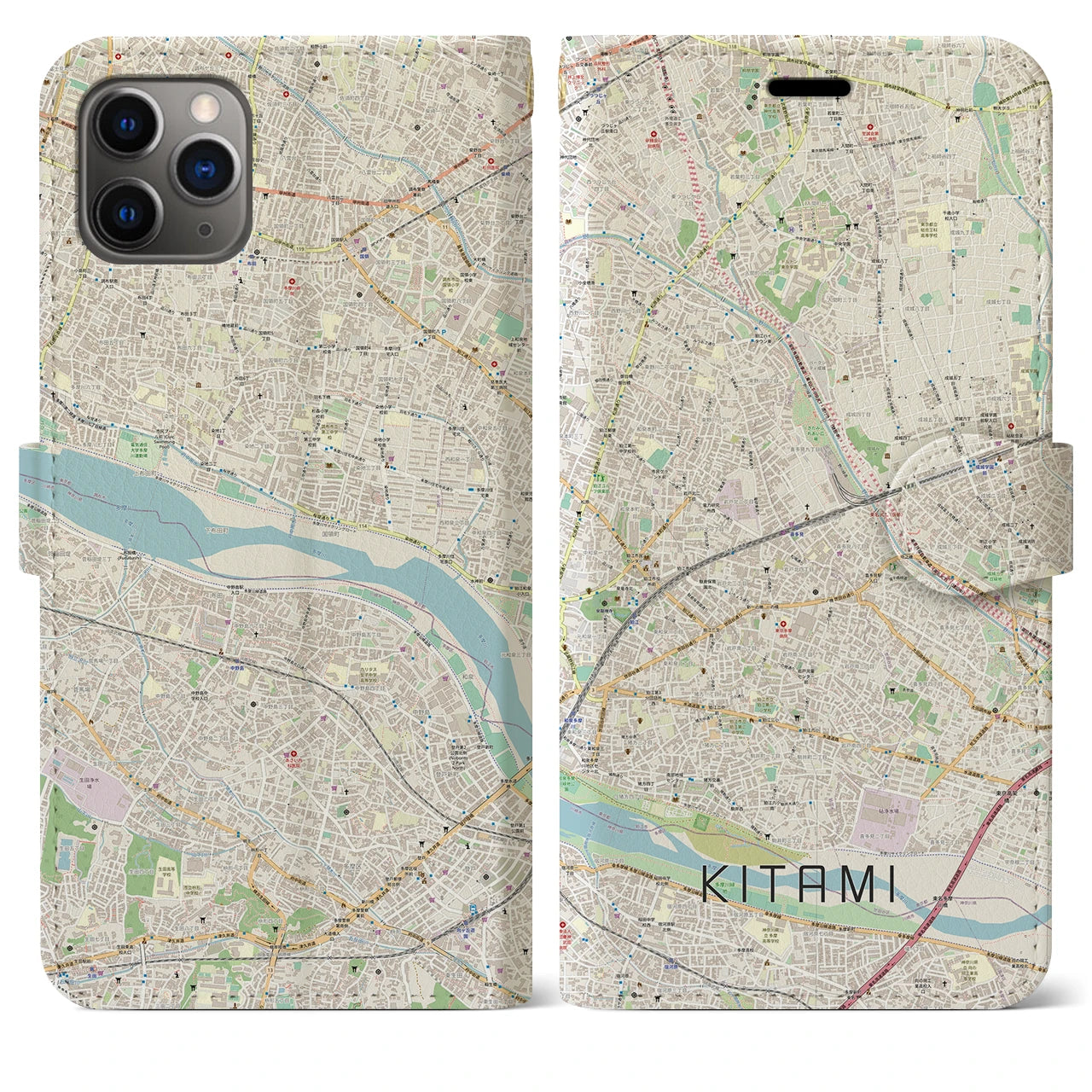 【喜多見】地図柄iPhoneケース（手帳両面タイプ・ナチュラル）iPhone 11 Pro Max 用